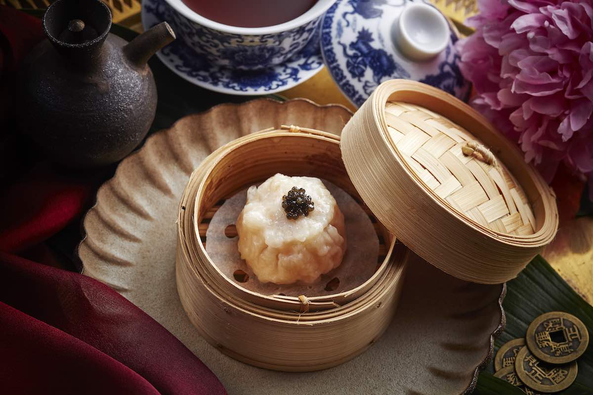 Duddell's Soft-boiled quail egg and pork dumpling, shrimp broth, caviar